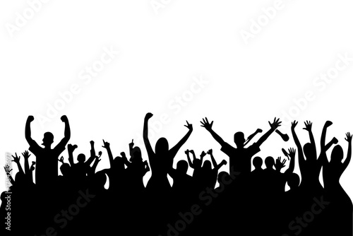 Vector illustration of silhouette of a cheering crowd with hands raised in excitement