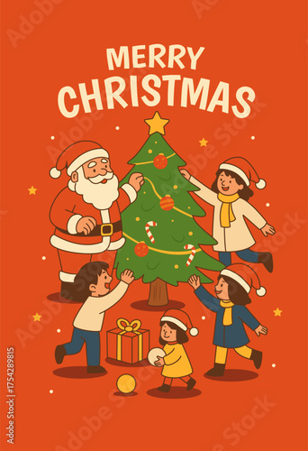 Flat Christmas poster with red background. Happy Kids Christmas illustration