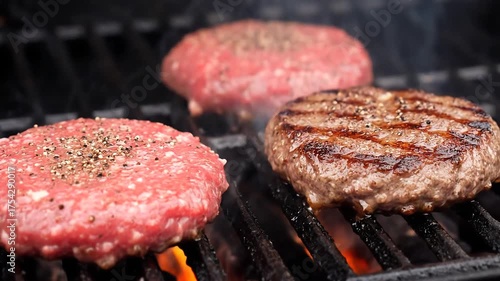 Grilling Burgers on a Barbecue Delicious Food Preparation Outdoors.