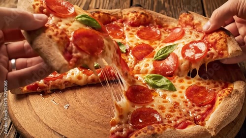 Group of friends sharing a delicious hot pepperoni pizza with melted cheese.