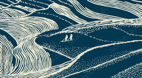 Hand drawn Japanese inspired rice field landscape with flowing contour lines and farmers in hats. Minimal, organic, and textured illustration reflecting harmony with nature.