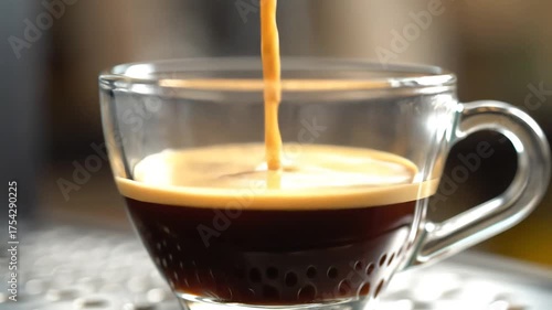 Espresso Coffee Being Poured Into A Clear Glass Cup.