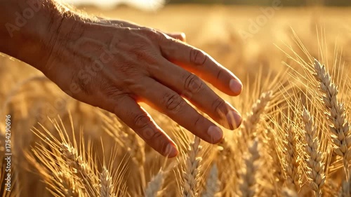 Farmers Hand Gently Touches Golden Wheat in a Sunlit Field at Sunset.