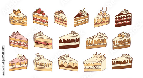 A delightful collection of various cake slices showcasing different frosting flavors and toppings for a festive celebration.