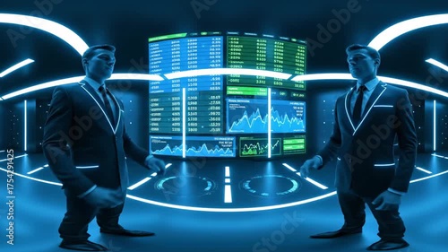 Two business professionals, in suits with glowing accents, flank a large screen displaying financial data