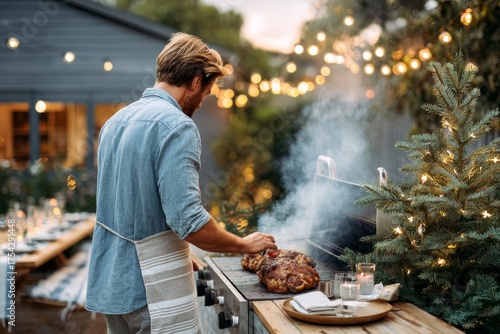 Carefree Australian barbecue during Christmas in a backyard setting with festive lights and cooking meat