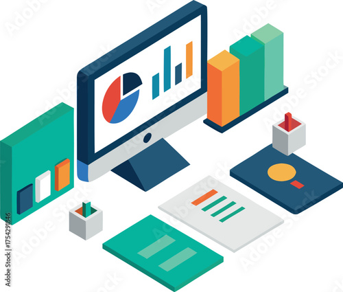 Isometric office workstation with dual monitors and charts vector graphic illustration