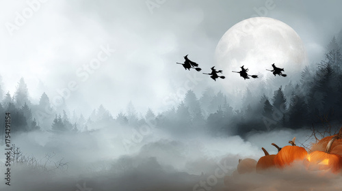 Witches flying across a foggy landscape with pumpkins and a full moon for Halloween celebrations