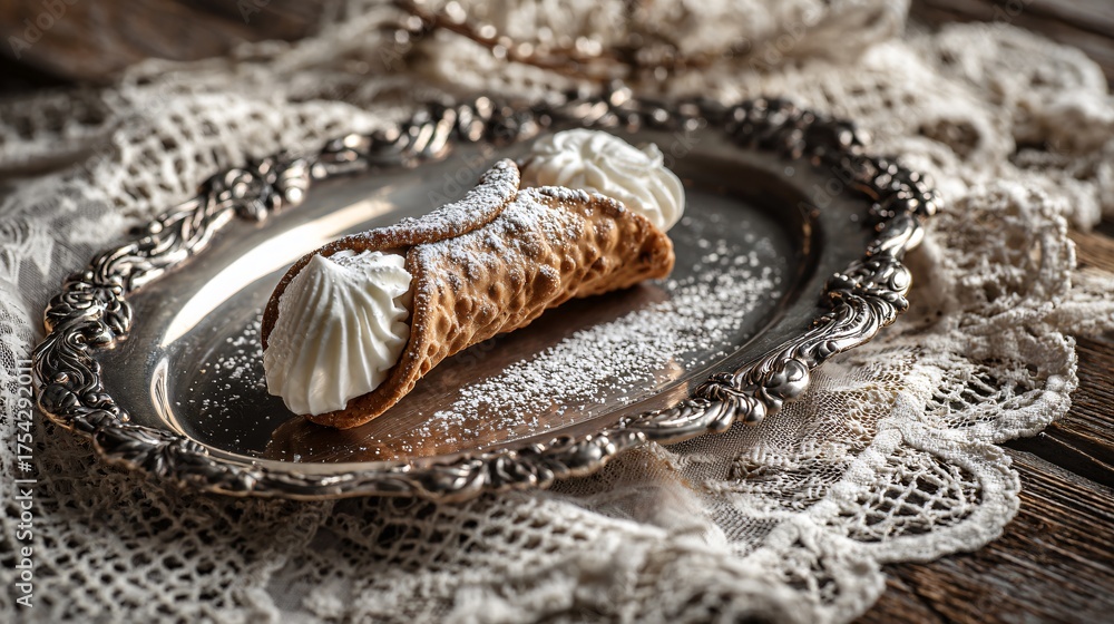 Naklejka premium Single cannoli on elegant silver tray, rustic lace cloth backdrop, vintage styling, copy space