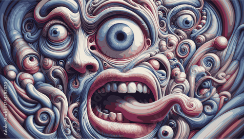  A vibrant, kaleidoscopic close-up of a distorted face composed of twisting tubes, swirls and eyeballs. The image conveys surreal energy, whimsy, and intense emotion