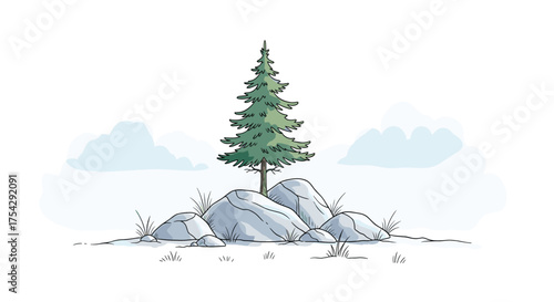 A solitary evergreen tree stands tall on a rocky outcrop covered in snow and ice.