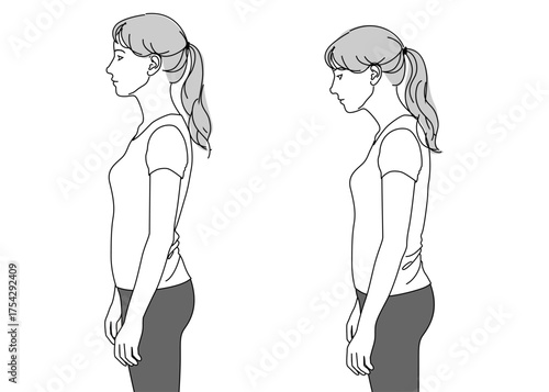 正しい姿勢で立つ女性と猫背の女性のイラスト 上半身横向き モノクロ