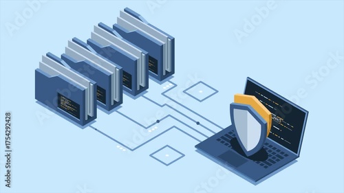 Isometric data protection with folder and laptop animation. Folder security. Safe documents and folder. Cybersecurity concept. Isometric technology. 4K video animated in isometric style