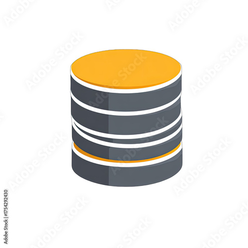 Stacked circular graphic, dark gray and orange, depicts a database or data storage
