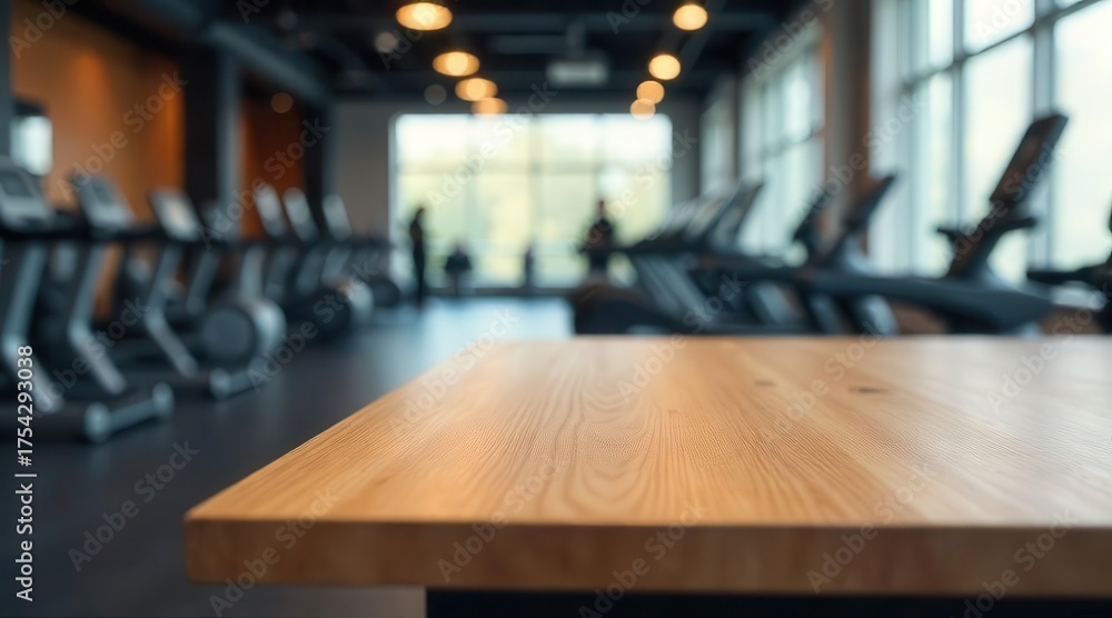© Kukar Studio - Warm wooden surface in the foreground presents a calm visual, contrasting the blurred interior of a modern fitness facility, showcasing exercise equipment and active individuals.