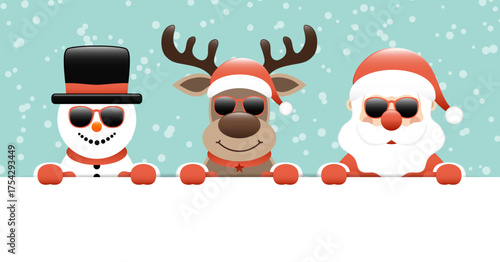 Schneemann Rentier Und Weihnachtsmann Sonnenbrille Horizontales Banner Schnee Türkis