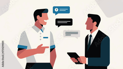 Illustration Of A Franchise Owner Is Chatting With The Main Company Representative About Operational Details And Support Vector Design Template