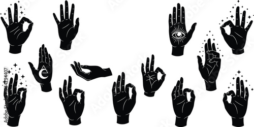 Mystic Black Hand Gestures with Stars and Magic Elements Vector Set