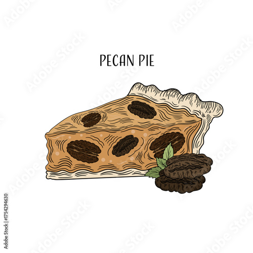 illustration of a pecan pie slice with nuts and crust. Hand-drawn bakery dessert vector for food design, menu, and Thanksgiving projects.