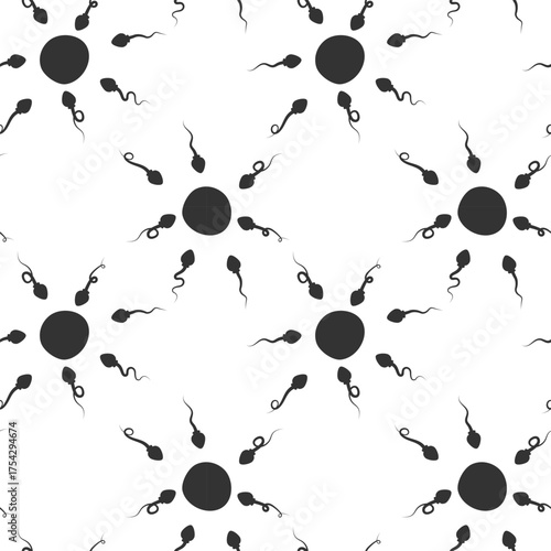 Seamless pattern sperm moving towards egg. Fertilization, biology, reproductive health. Vector illustration.
