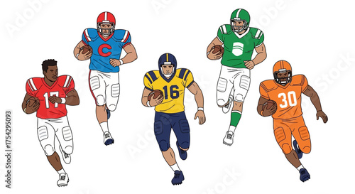 Illustration of diverse football players in action, showcasing team spirit and athleticism
