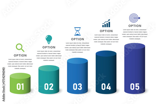 5 step of Colorful Vertical Cylinder Infographic with Business Icons for business planning presentation