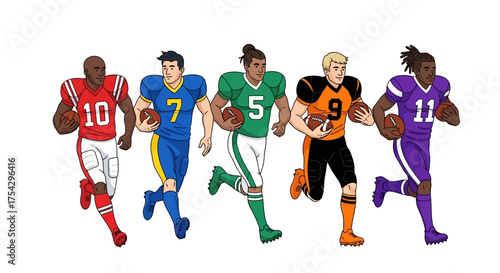 Diverse group of American football players in uniform running with the ball