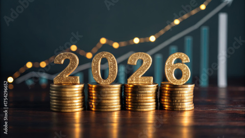 2026 new year goals happy end golden coins stacked with glitter numbers on rising chart indicating financial growth and optimistic celebration
