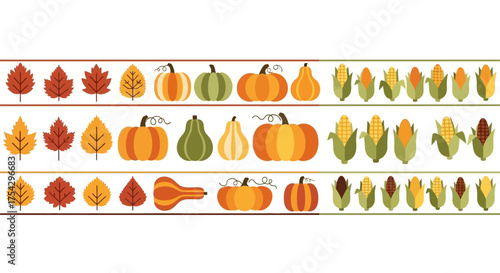 Autumnal Bountiful Harvest A Vector Illustration of Fall Leaves, Pumpkins, and Corn