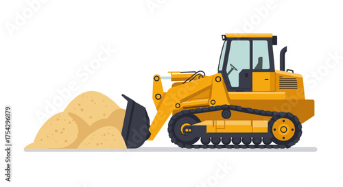 Yellow bulldozer with a full bucket of sand, construction machinery, earthmoving equipment on a white background
