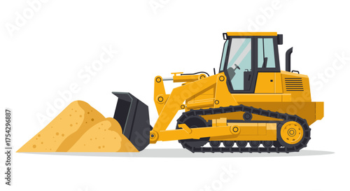 Heavy Duty Yellow Bulldozer with Bucket Full of Sand on White Background, Construction Equipment Illustration