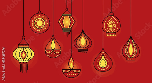 A vibrant collection of traditional Indian hanging lanterns and illuminated diya lamps for a festive celebration