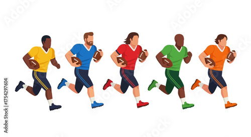 Diverse group of athletes in a dynamic running pose during a sports match, embodying teamwork and competition