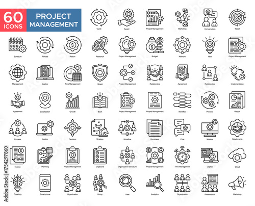 Project Management collection set. Cycle,Project Management,Marketing,Target,Idea,Relationship,Implementation, icon. Simple outline vector illustration