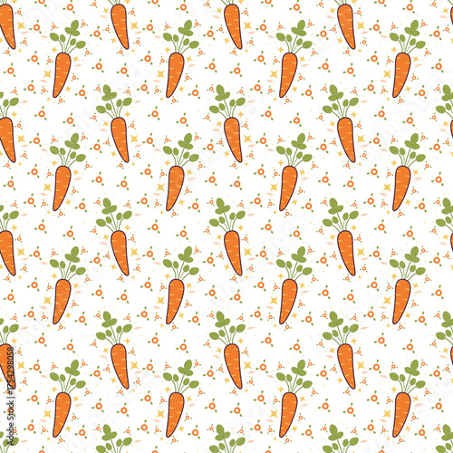 Seamless pattern cute carrots with green leaves, perfect for kids, healthy food designs.