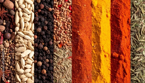 A vibrant display of assorted spices arranged in colorful vertical stripes, showcasing global flavors and culinary diversity.