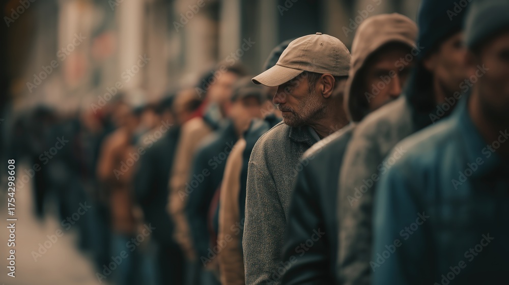 Obraz premium Men Standing in Long Outdoor Service Line