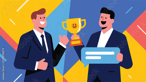 Illustration Of A Manager Is Congratulating An Employee On Their Promotion, The Employee Looks Ecstatic, With A Trophy Emoji Vector Design Template