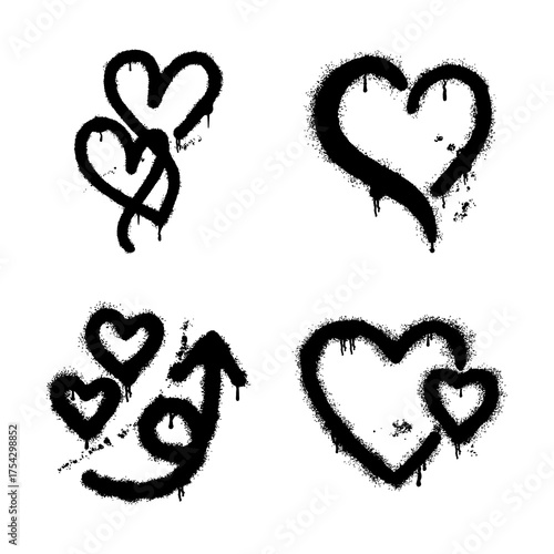 Romantic graffiti spray paint heart icons with drips and artistic love design
