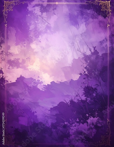 An abstract, digital painting of an ethereal, violet landscape with a gilded, ornate border