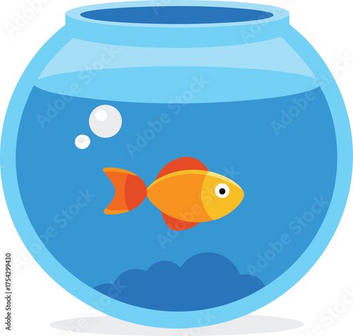 Vector illustration of a small orange goldfish swimming in a blue round fishbowl