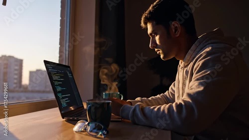 A person works on a laptop next to a window, sipping from a mug, glasses on the table