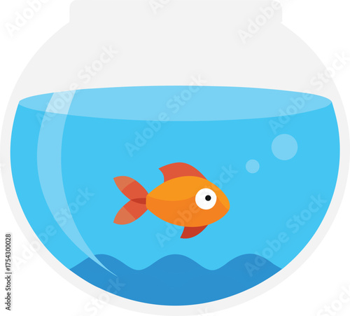 Vector illustration of a small orange goldfish in a round fishbowl with water