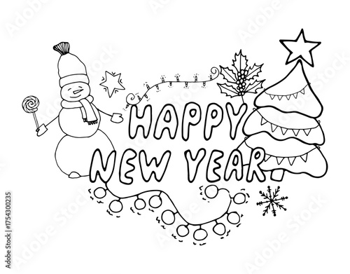 Christmas composition with a fir tree, snowman and holly. Graphic illustration. Merry Christmas and Happy New Year! Hand drawn doodle. Perfect for winter cards, New Year's posters and coloring pages