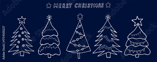 A collection of Christmas trees with garlands, stars, and snowflakes. Graphic illustration. Merry Christmas and Happy New Year! Hand drawn doodles. Perfect for winter cards and New Year's posters