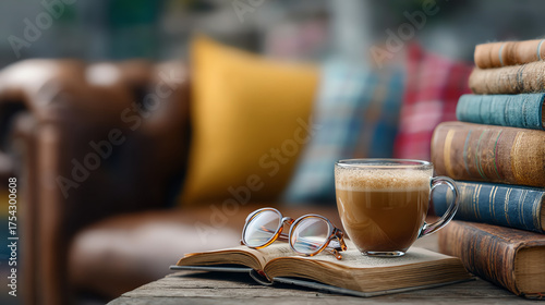 A cozy reading nook featuring a cup of coffee, open book, and stacked books for a relaxing afternoon.