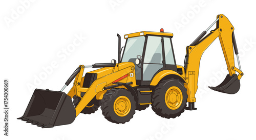 Detailed vector illustration of a yellow backhoe loader, a piece of heavy construction machinery isolated on a white background