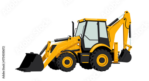 Detailed vector illustration of a yellow backhoe loader, heavy machinery for construction, digging, and earthmoving concepts