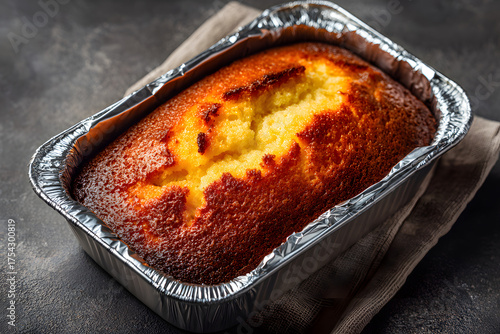 pound cake food in foil baking dish top view concrete surface