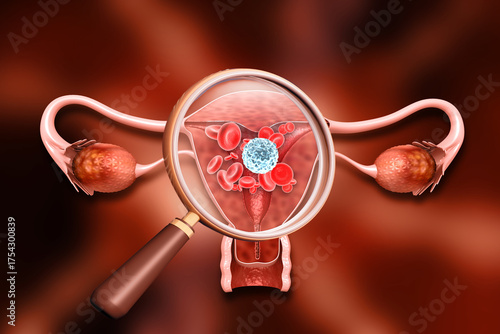 Uterus infection with magnifying glass. 3d illustration